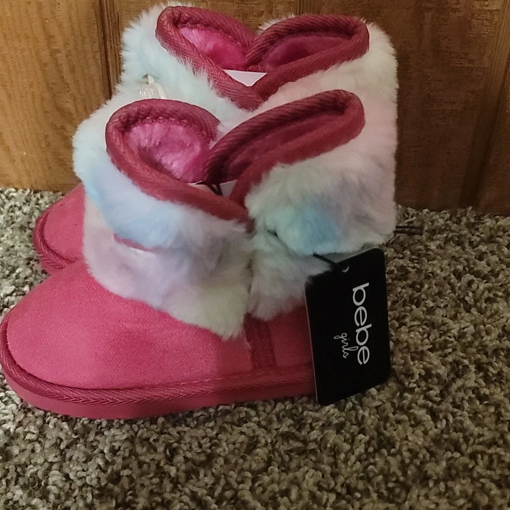 BEBE GIRLS DARK PINK Rainbow faux fur BOOTS: NWT: TODDLER 7